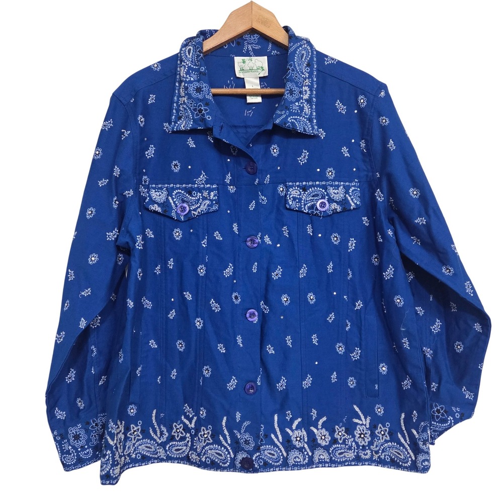 Quacker Factory Blue Paisley Bandana Print Rhinestone Denim Jacket Womens Large